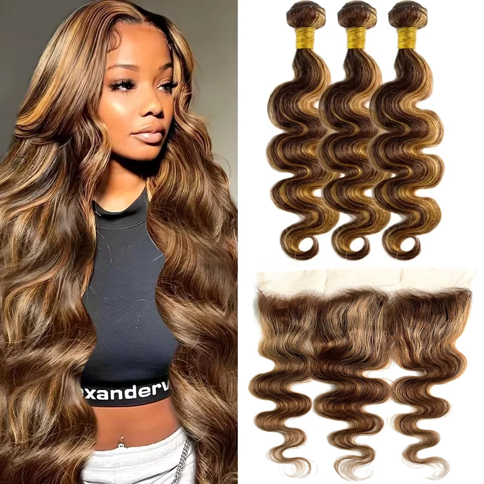 Highlight Body Wave Bundles With Frontal Honey Blonde P4/27 Body Wave Hair Bundles Human Hair Extensions with 13x4 Lace Frontal