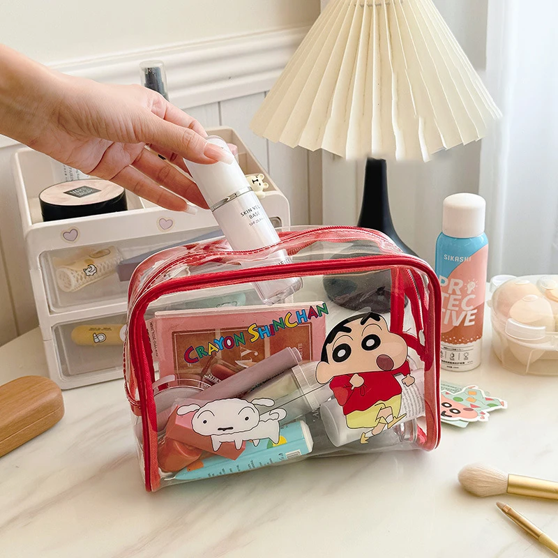 Bandai Cartoon Crayon Shin Chans Large Capacity Transparent Cosmetic Bag Kawaii Pen Case Portable Toiletries Storage Bag