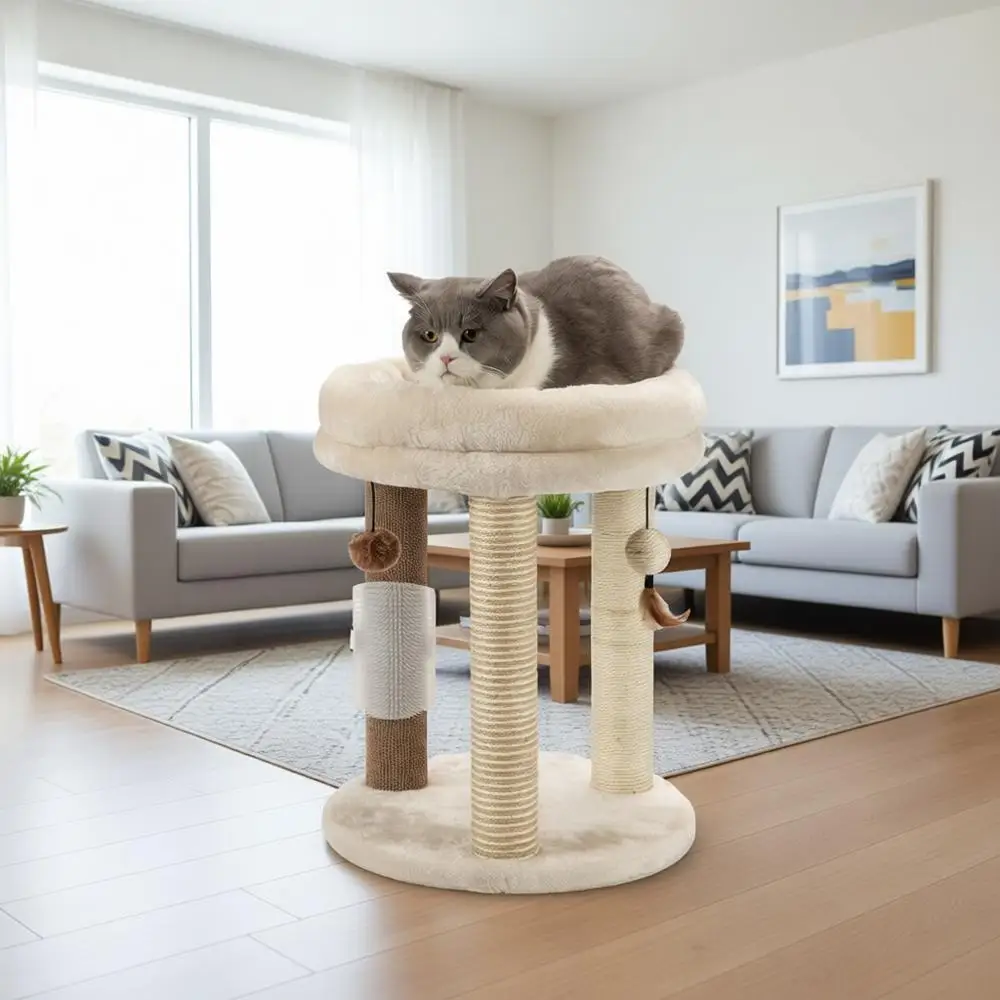 

4in1 Small Tree, Scratching Post with Tower Sot Bed, Sisal Carpet Jute Posts, Three Hanging Ball Toys and Massage Brush for Indo