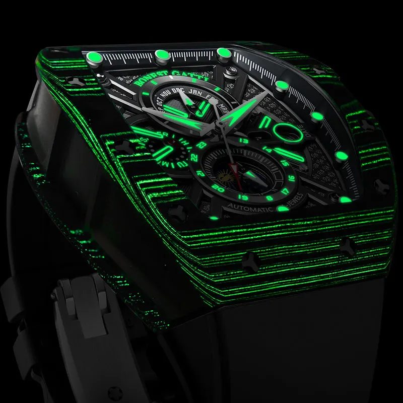BONEST GATTI BG9007 Men Automatic Watch Tonneau Mechanical Wristwatch Sapphire Luminous Carbon Fiber Month Week Date 24 Hours