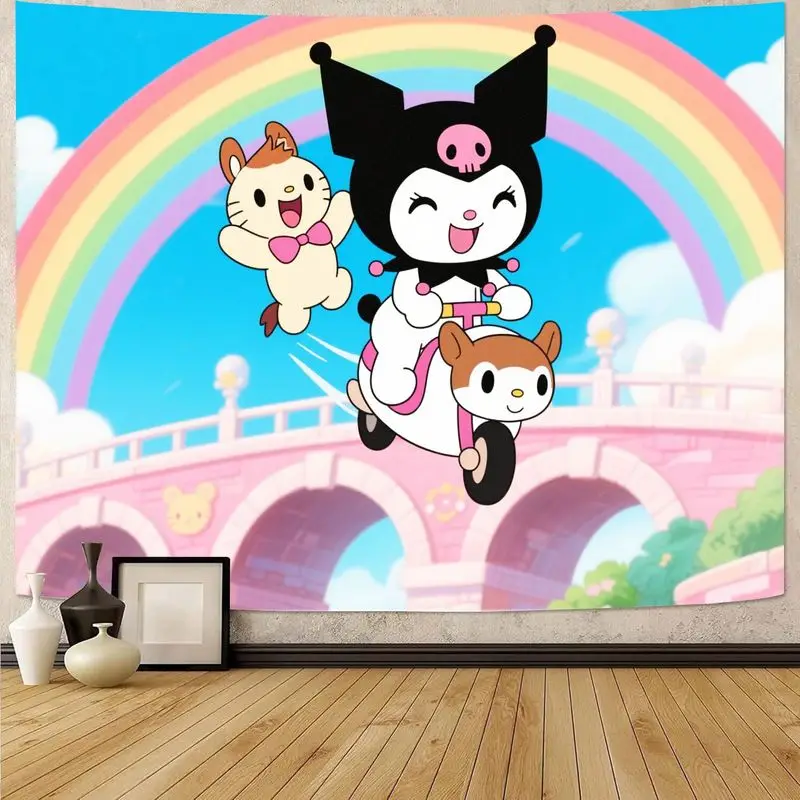 

1 шт. Sanrio Kuromi езда на скутере розовая Радуга Kawaii эстетический гобелен полиэстер настенное искусство спальня декор для гостиной подарок