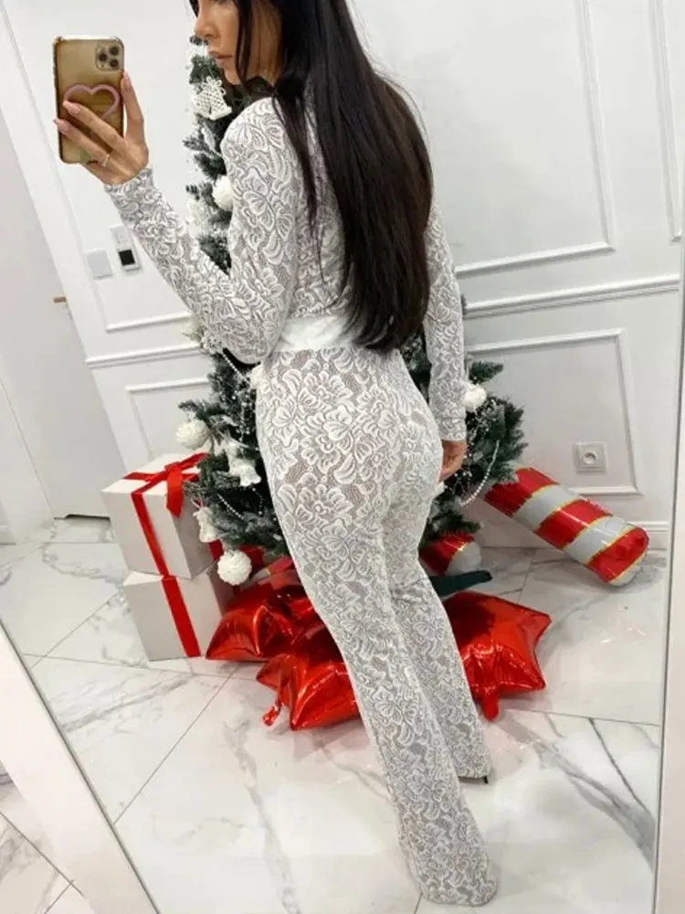 GACVGA Lace Two Layer Sexy Bodycon Jumpsuits Women Overalls Fashion Autumn Winter Elegant Long Sleeve O Neck Slim Jumpsuits