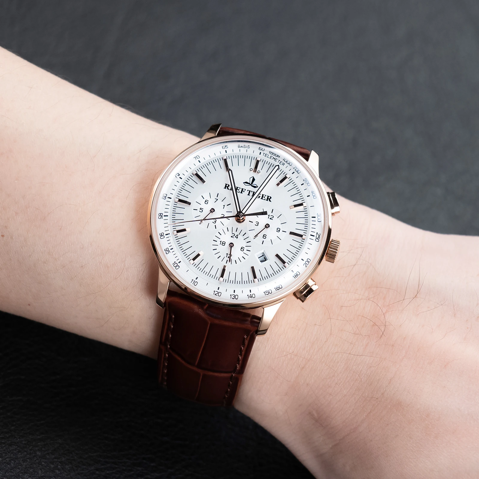 Reef Tiger/RT Excellent Men's Rose Gold Watch White Dial Multi-Function Calendar Mechanical Wristwatch Relogio Masculino RGA1698