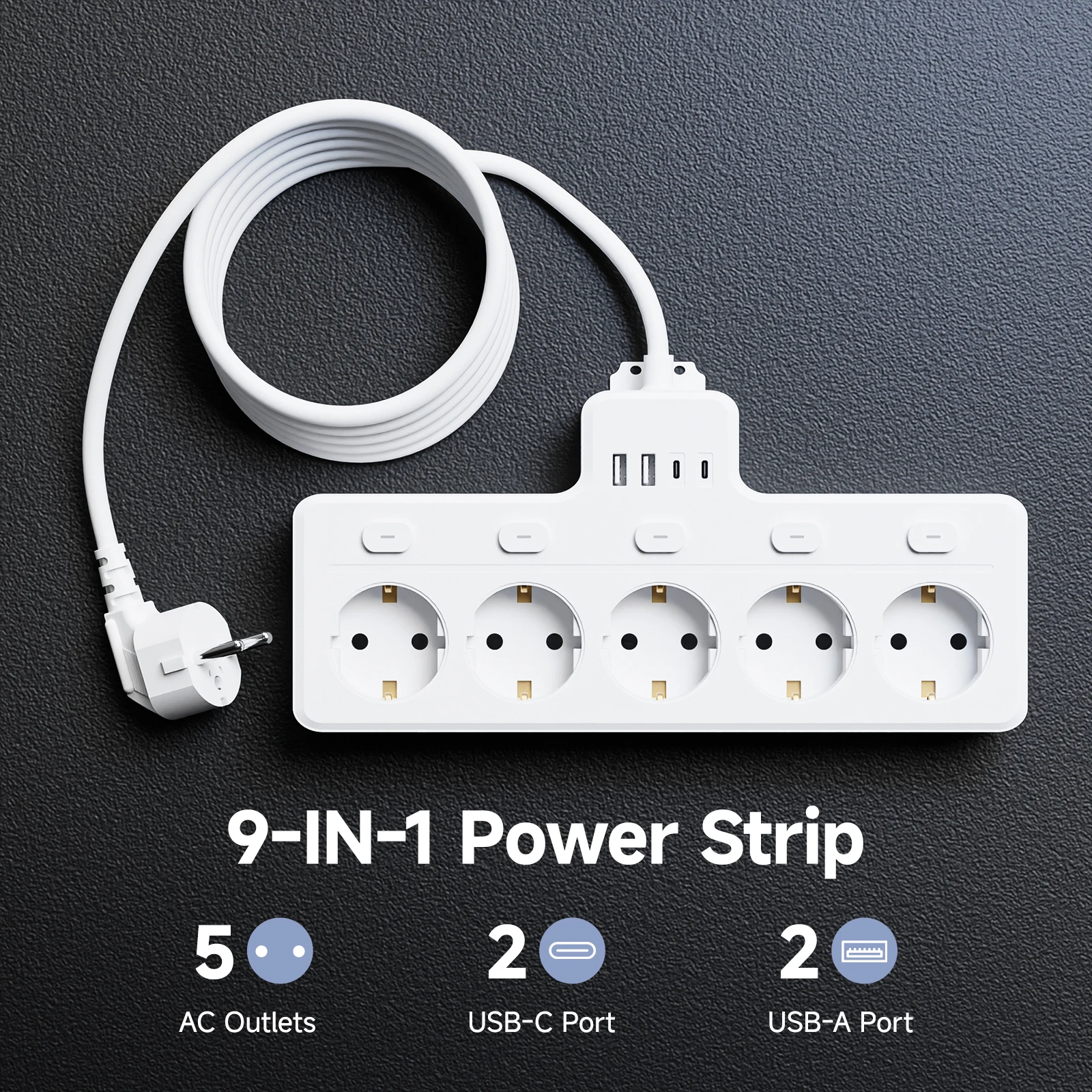 5-Outlet Socket with 2 USB And 2 Type-C Ports 1.5m Cord Length Flame Retardant V0 Plastic for Desktop Computer Power Strip