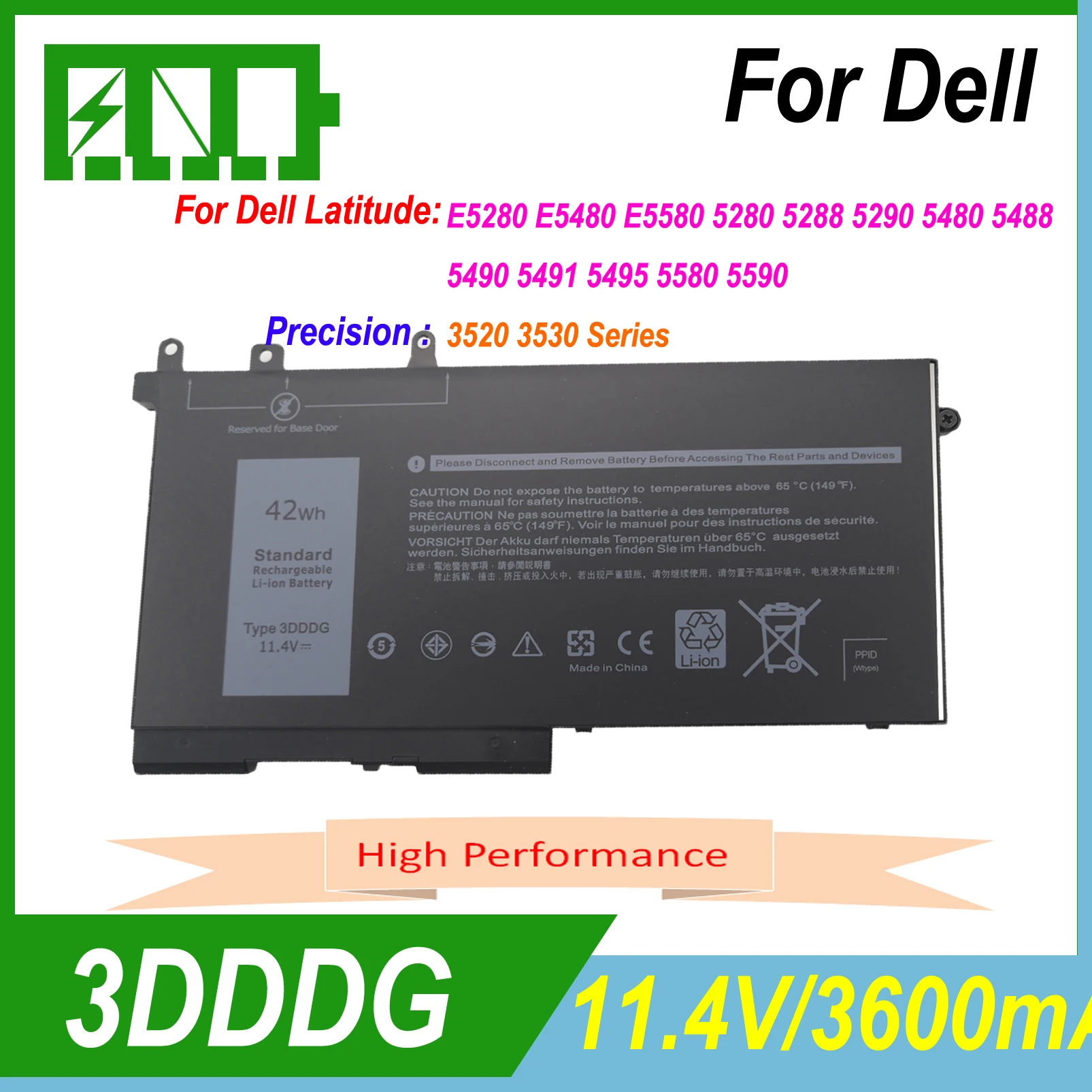 3DDDG (42Wh) Laptop Battery for Dell Latitude 5280 E5280 5290 5480 E5480 5490 5580 5590 03VC9Y 45N3J Fit Notebook