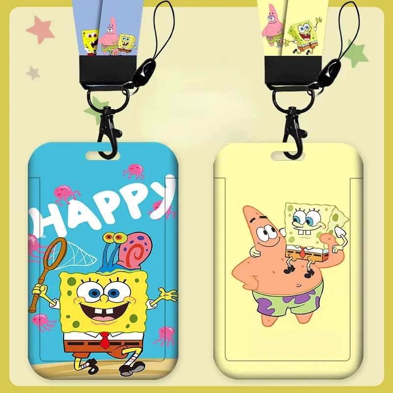 SpongeBob Student Card Cover with Neck Strap Lanyard Cute Anime Cartoon ABS Kids School  ID Subway Access Meal Bus Card Holder