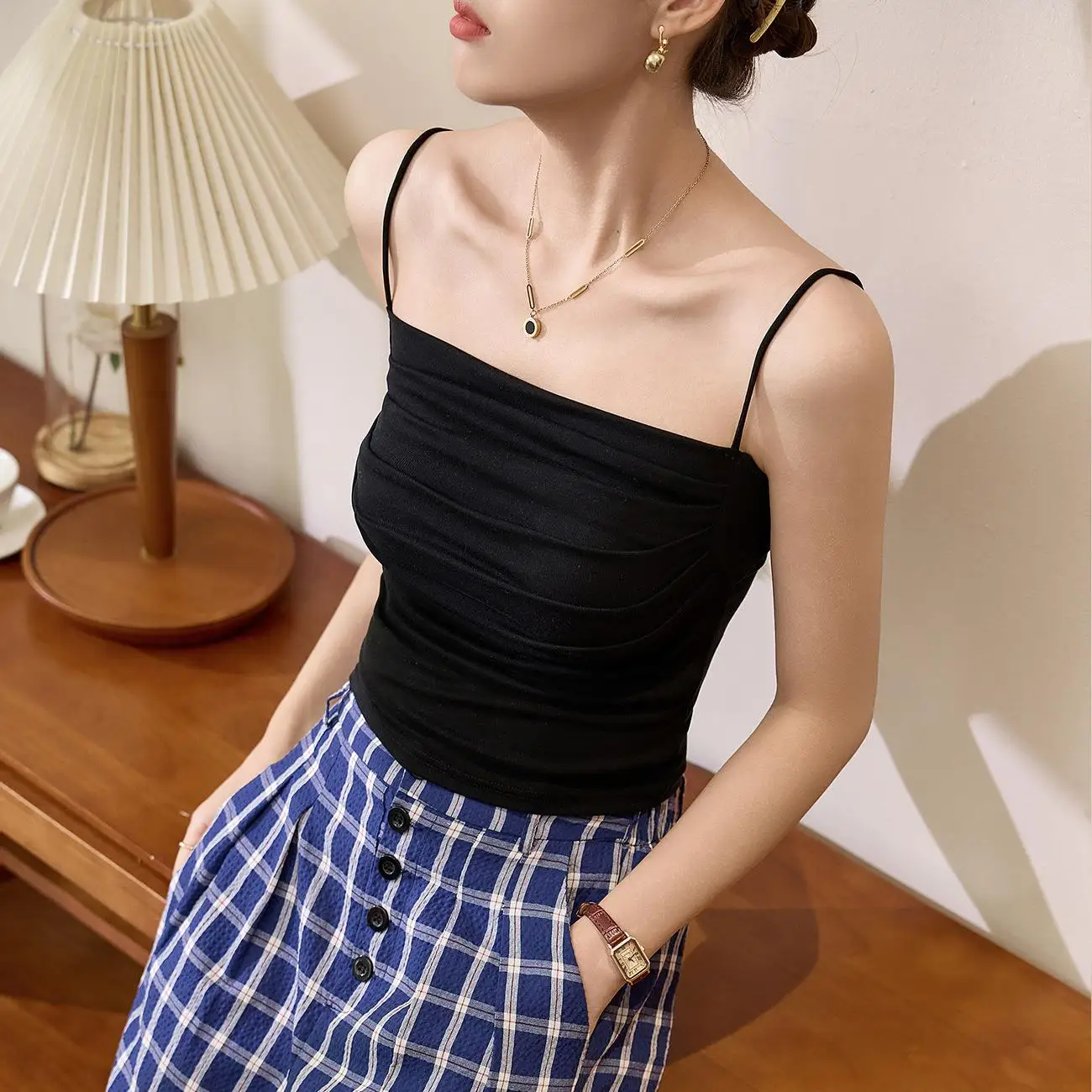 New Women Tank Tops wrinkle design Camisole with Padded Bra Korean Y2K Spicy Girls Sleeveless Tees Cropped Top Female Vest