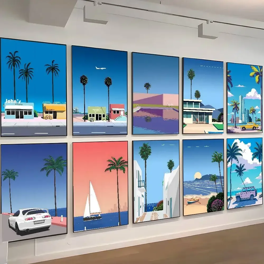 Hiroshi Nagai Vaporwave Japan Beach City Summer Posters Self-adhesive Wall Art Decorations Color Prints Sticky