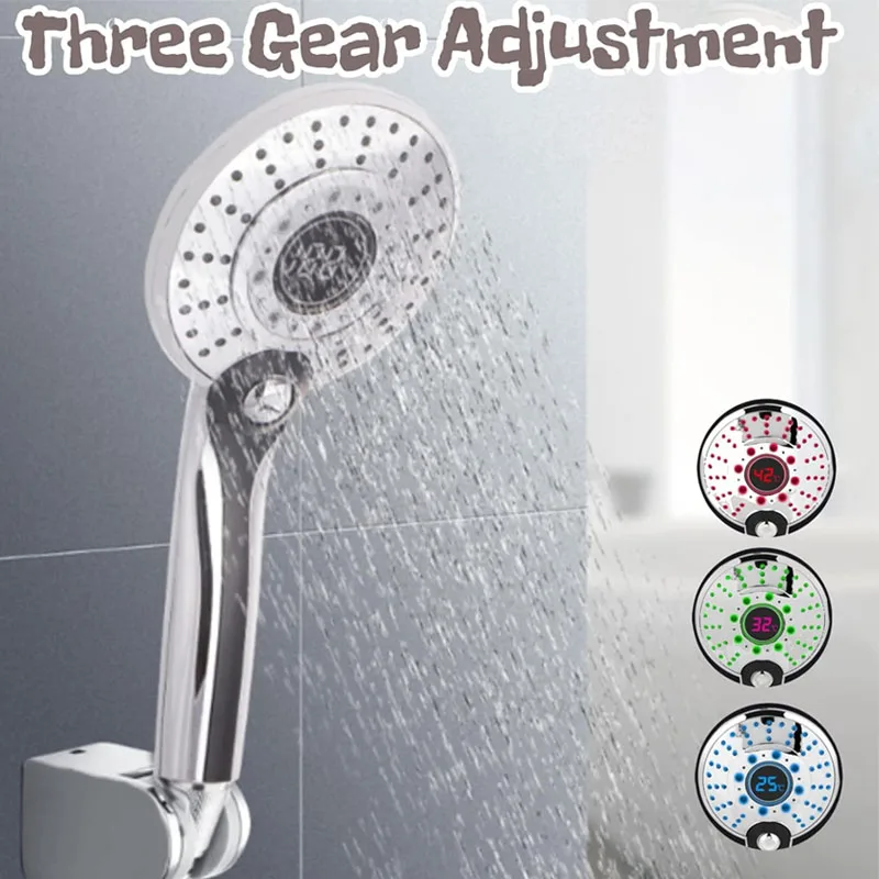 LED Shower Head 3 Spraying Mode Water Saving Shower Filter Water Rainfall Water Saving Nozzle Temperature Display for Bathroom