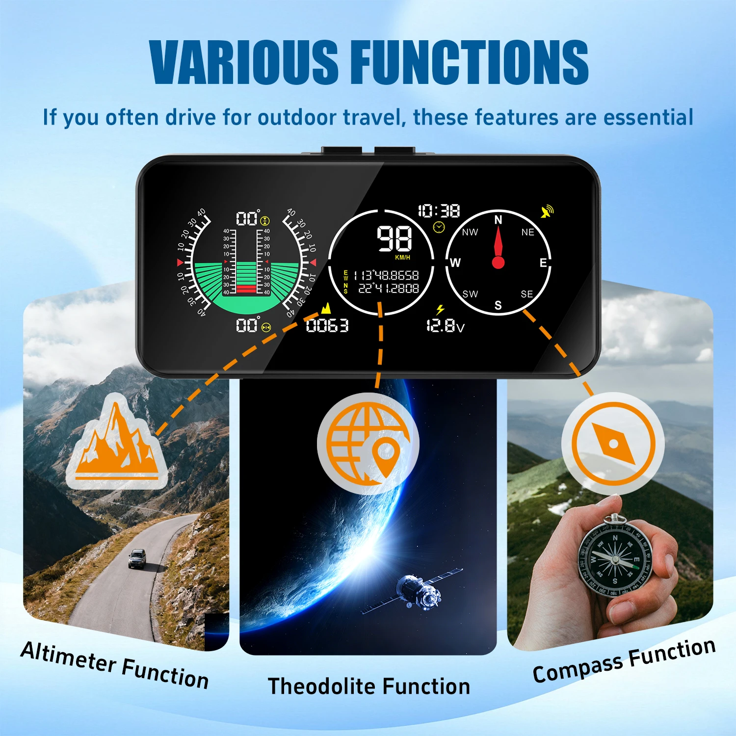 Car HUD GPS Speedometer Altitude Compass Latitude Longitude Off-Road Inclinometer Balance