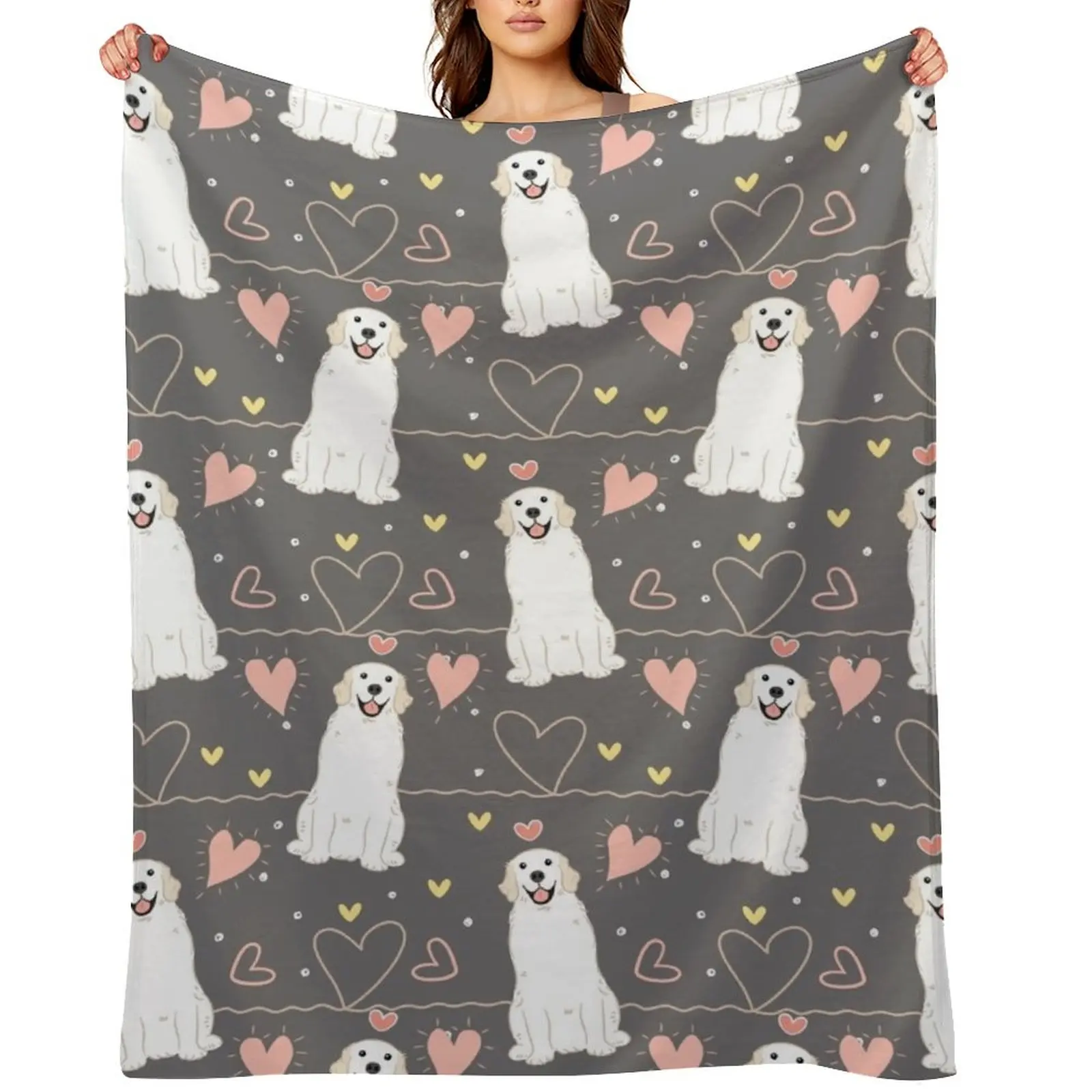 

LOVE White Cream Golden Retriever - Gray background Throw Blanket Thermal Soft Beds Furry Blankets