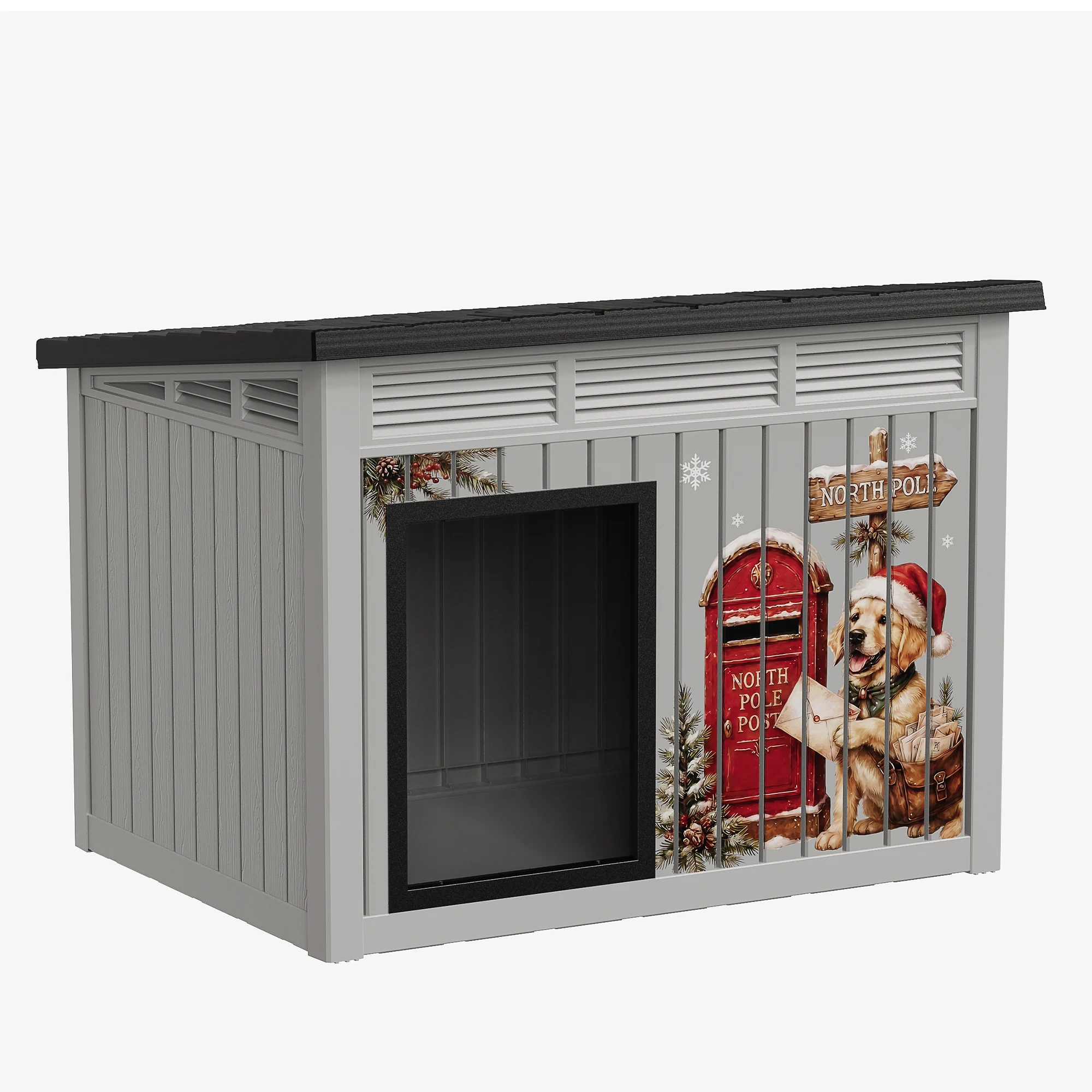 Christmas Printed Dog House with Hydraulic Gas Strut Roof, North Pole Postman Golden Retriever Pattern, Weatherproof Plastic Outdoor Dog Kennel
