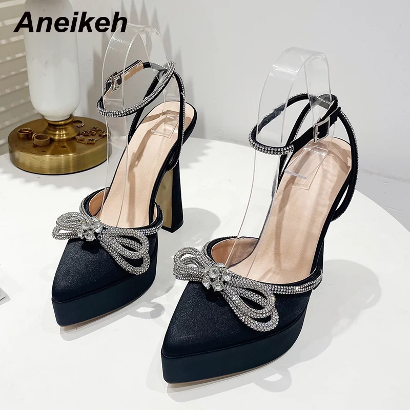 Aneikeh Women Pointed Toe Chunky Heels Platform Pumps Butterfly Knot Sandals High Heels Crystal Ankle Strap Buckle Wedding Party