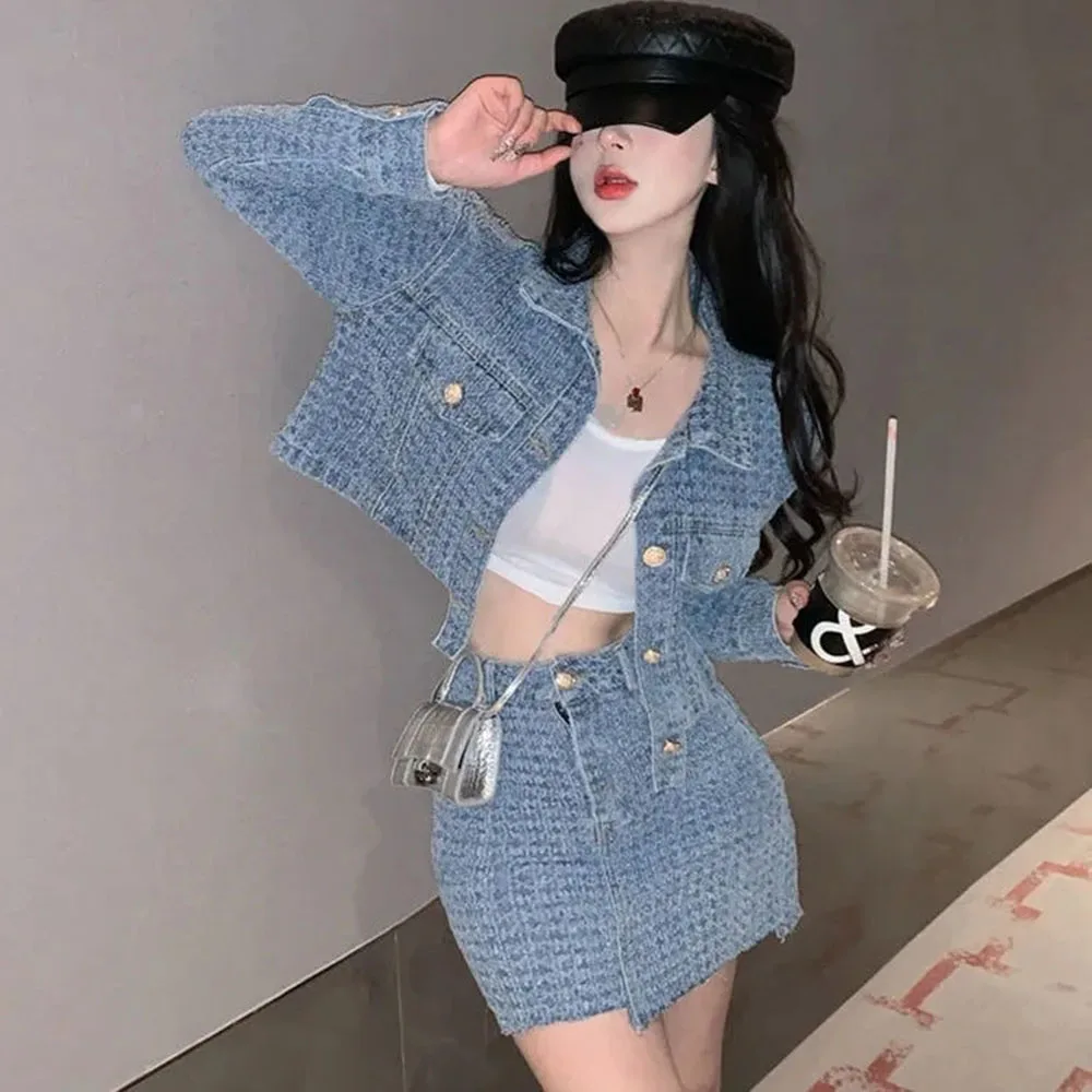 Vintage Denim Skirts Suits Women\'s Clothing Spring Autumn Jean Jackets Coats + Korean Loose Skirts Girls Two-piece Sets outfit