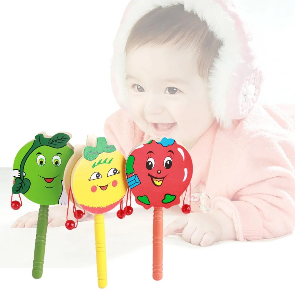 3pcs Wooden Wave Drum Baby Educational For Infant Newborn Shaking Rattle-Drum Hand Eye Coordination Multifunctional Pattern