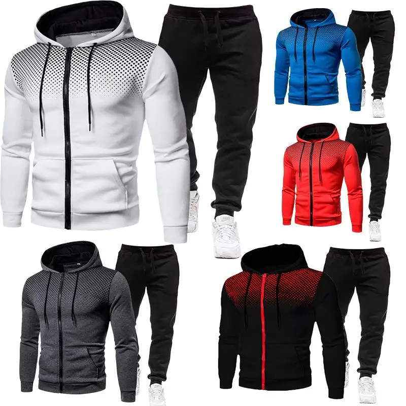 

Autumn and Winter New Hoodie - Polka Dot Print, Fleece-Lined Sweater & Sweatpants, Men's Casual Zip-Up Cardigan Sports Set