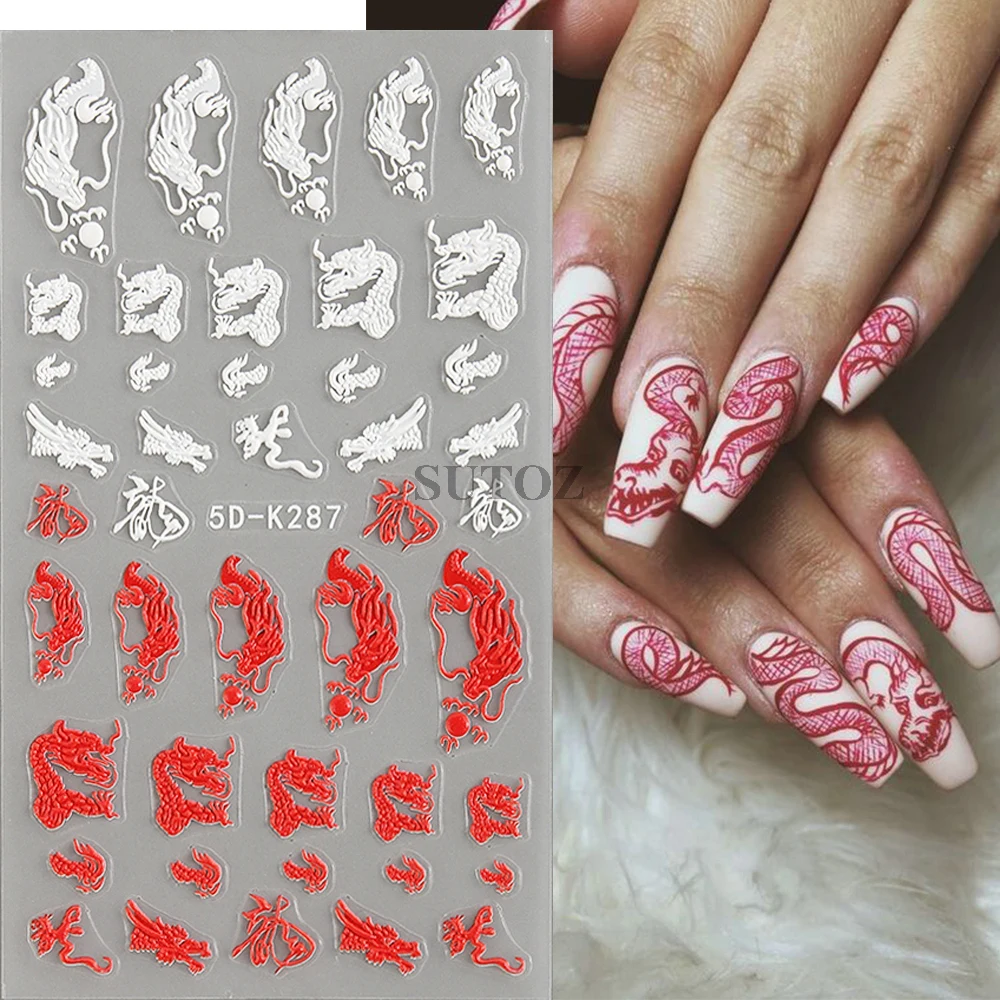 Ano Novo Chinês Nail Stickers, Branco, Preto, Dragão, 5D gravado Sliders, Snakes Encantos, Gothic Manicure Decor, LEB5D-K286