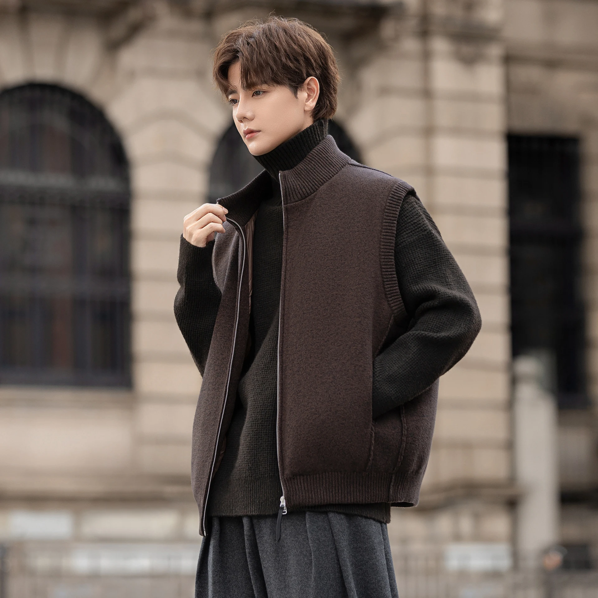 Men 90% White Duck Down Vest Wool Blend Stand Collar Zipper Sleeveless Waistcoat Loose Fit Autumn Winter Warm Casual Outerwear