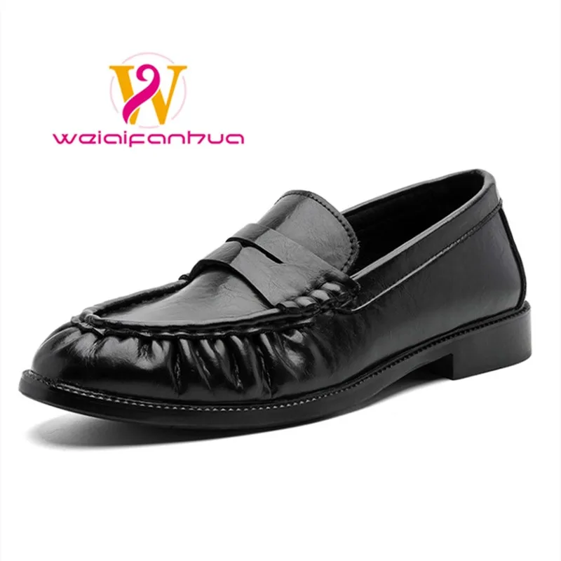 Men's Loafers, Double-layer Cowhide Upper, Pleated Toe, Everyday Business Leather Men's Shoes, Low-heeled Single Shoes