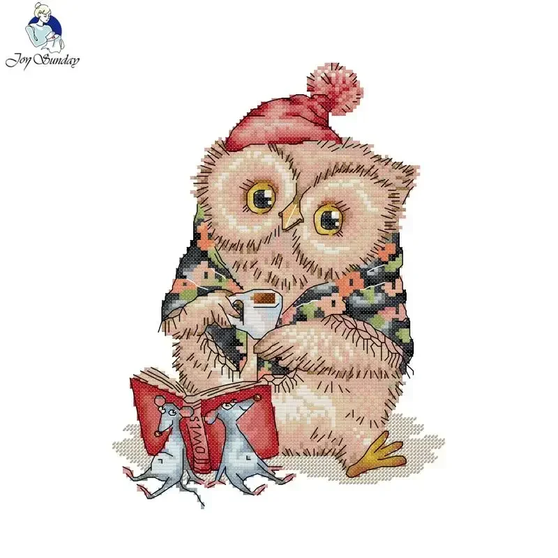 Joy Sunday Learning Owl Pattern Cross Stitch Kits DIY Aida Cloth 16/14/11CT Printed Canvas Hand Needle Embroidery Set Home Decor