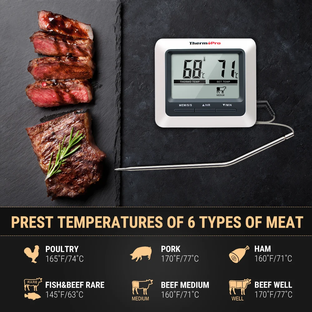 ThermoPro TP04 Large LCD Digital Meat Thermometer For Grilling Oven BBQ Smoker Kitchen Cooking