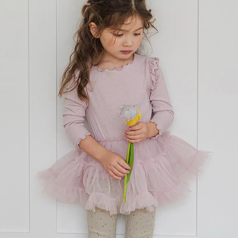 

2-8Y Baby Girls Dress New Autumn Solid Color Long Sleeve Toddler Kids Girls Dress Round Neck Lace Little Girls Casual Dress