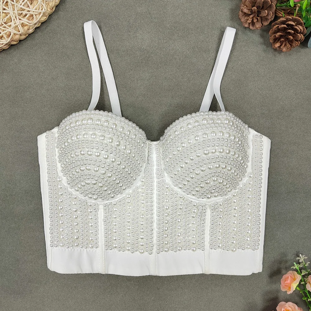 New Fashion Pearl Wrapped Chest Tight Short Fishbone Vest Camis Women Sexy Sleeveless Bustier Corset Crop Tops Clothings L363