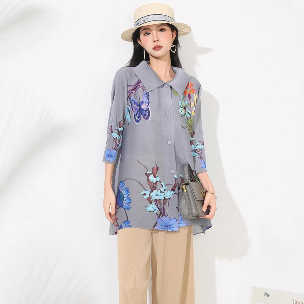 Miyake 2025 New Spring and Autumn Large Size Fashionable Noble Lapel Top Foreign Style Age-reducing Advanced Pleated Shirt Women