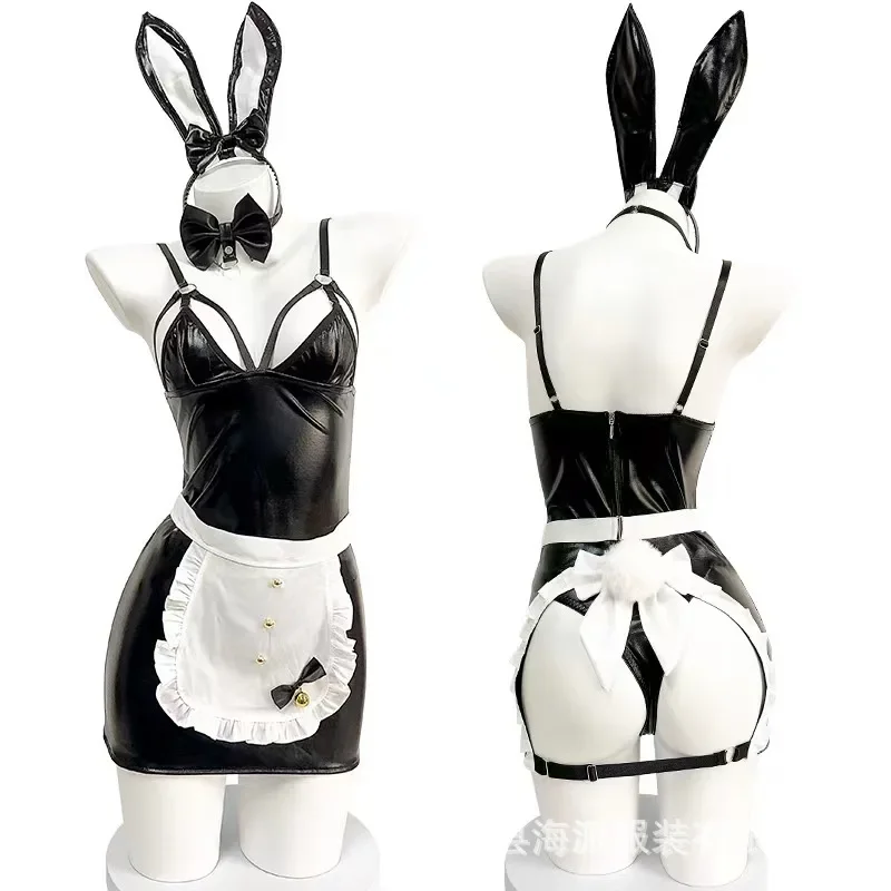 Uniforme de sirvienta de cuero Sexy, lencería con pecho hueco, chica conejito, traje de Cosplay, delantal a tope, vestido, club nocturno, puesta en escena