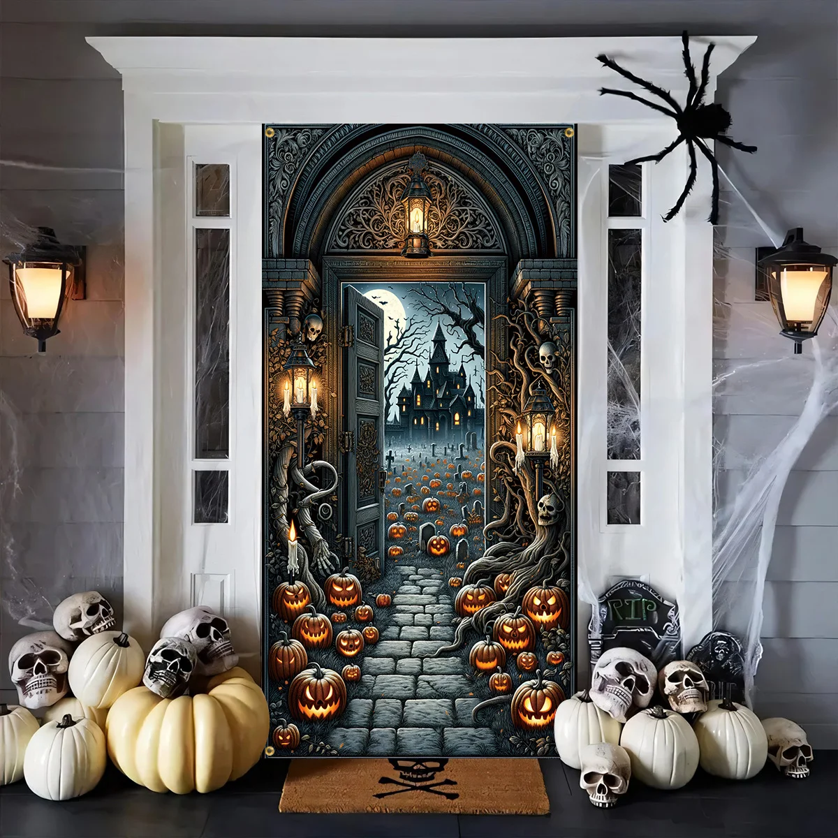 2D-Türbanner, Halloween-Willkommens-Türbanner – Eerie Gothic-Bögen mit Jack-o'-Laternen und Totenkopf-Designs, strapazierfähiges Polyester