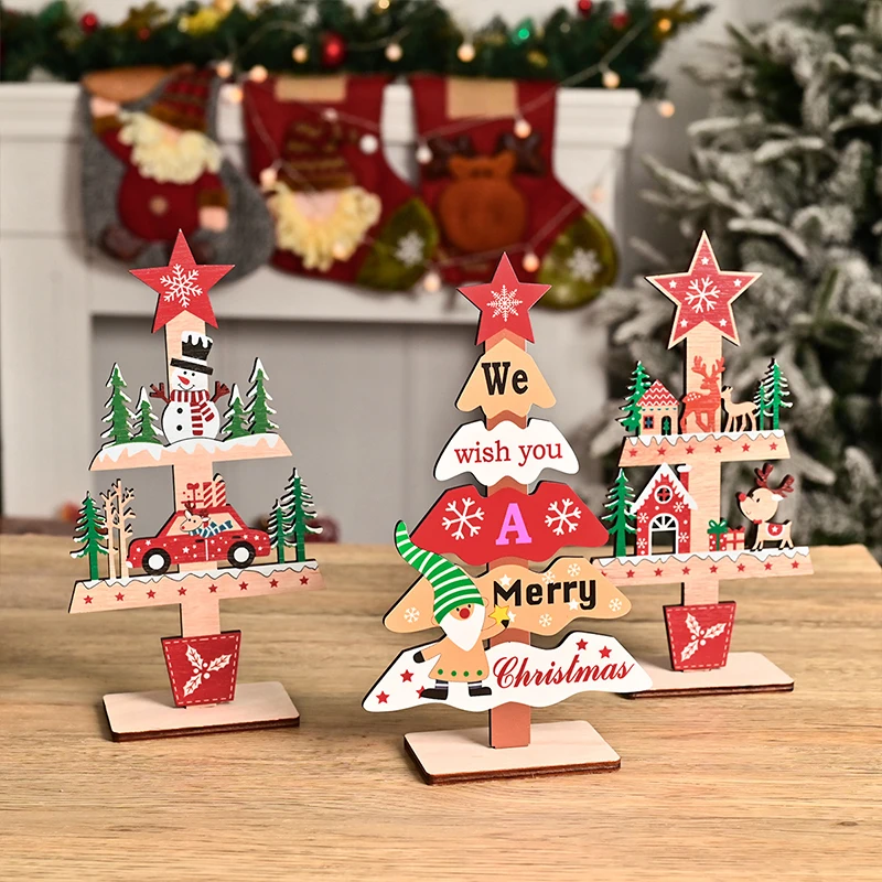 Wooden Christmas Tree Handmade DIY Christmas Party Tabletop Ornaments Cartoon Colorful Xmas Tree New Year Home Decoration Gift