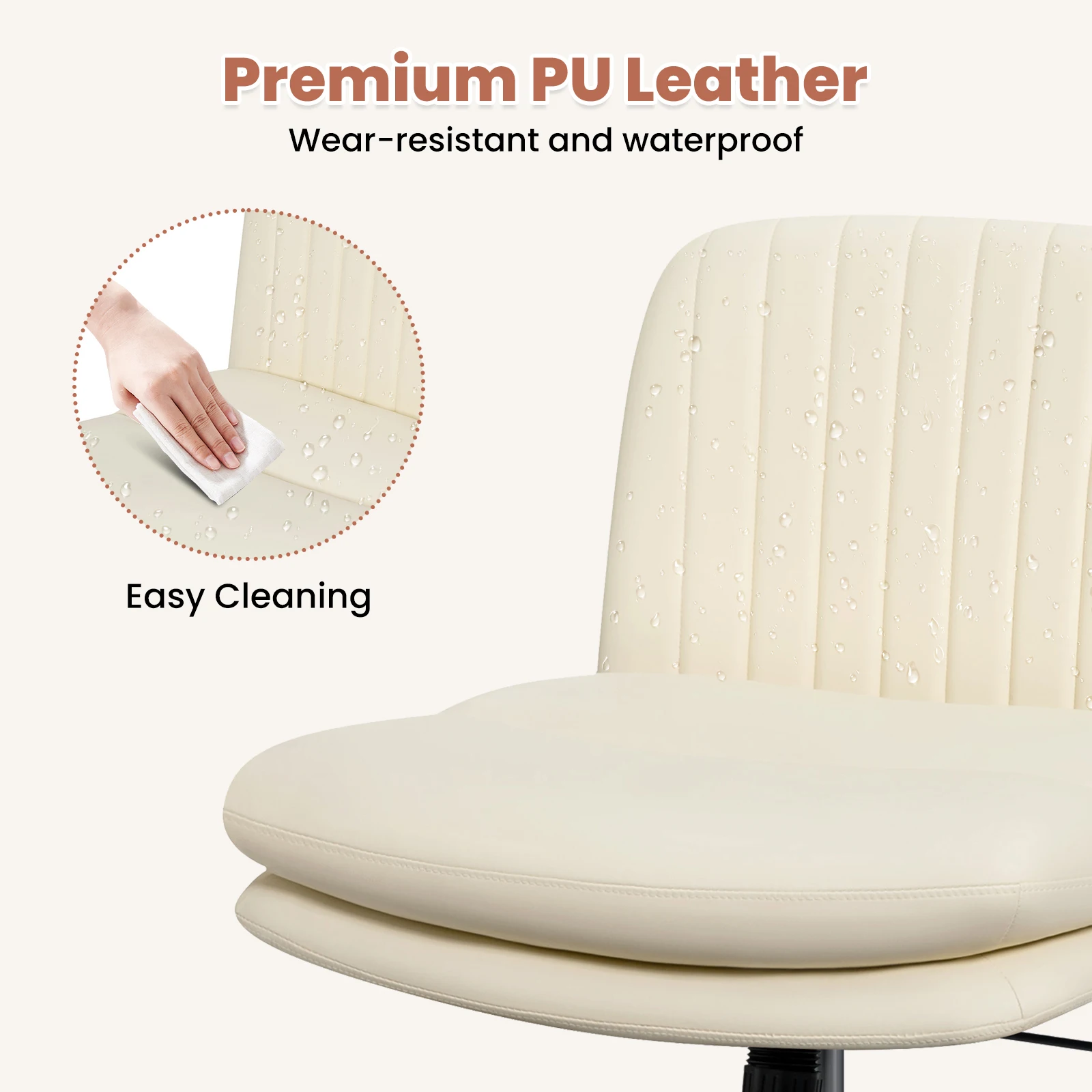 Armless Chair Low Back PU Leather With Height Adjustable With Wheels Swivel Office Computer Vanity Swivel Round Rolling Stool