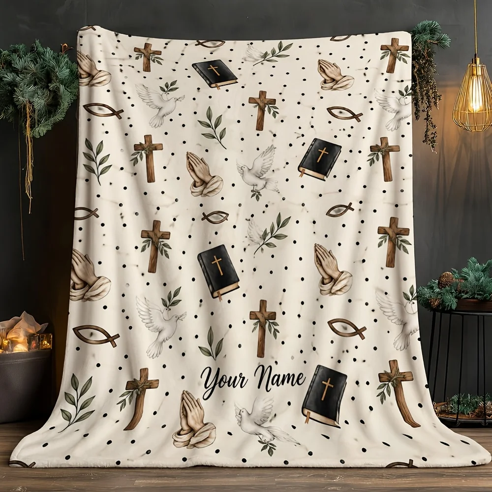 Custom Name Christian Throw Cross Praying Hands White Olive Branch Polka Dot Print Cover for Sofa  Bedroom  Home Decor Accessory