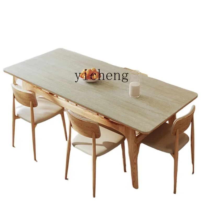 

Stone Plate Dining Table Wood Color Cream Style Rectangular Double-Layer Solid Wood Dining Tables and Chairs Set