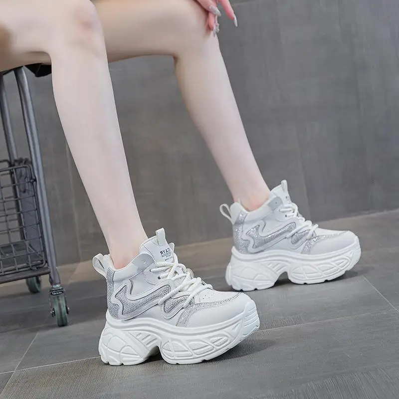 

Casual Style Leather Dad Shoes with Laces Inner Heightening Versatile Fashionable Flat Bottomed Slip-On Women's Footwear