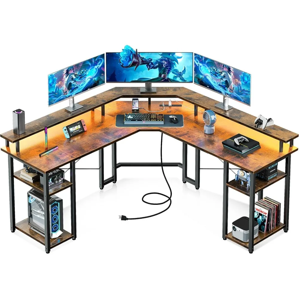 Coleshome L Shaped Gaming Desk with LED Lights & Power Outlets, Reversible 56