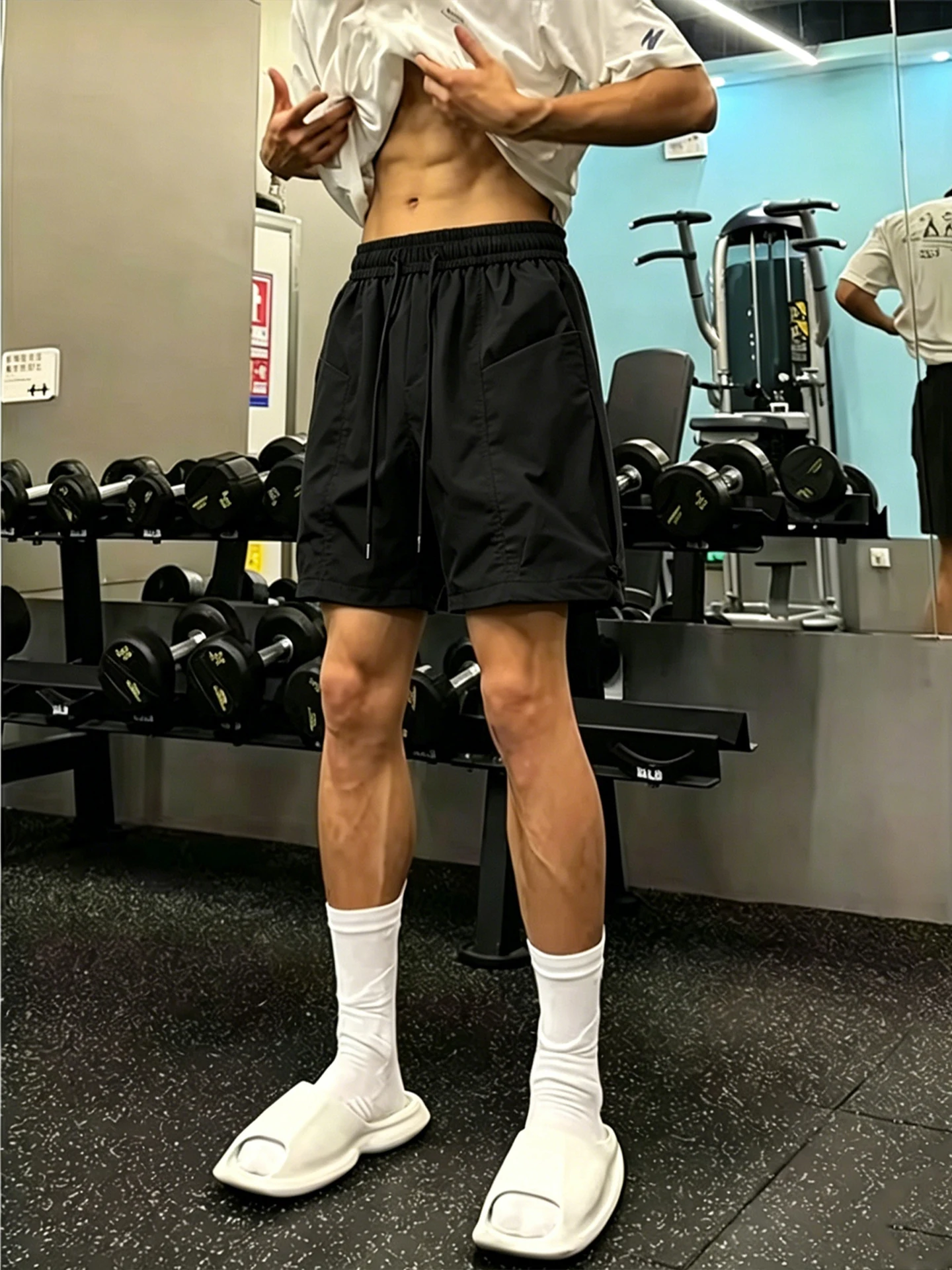 

American Style Black Cannon Shorts Quick Dry Thin Training Pants Men's Fitness Casual Sports Shorts Four Fifth Length Pants