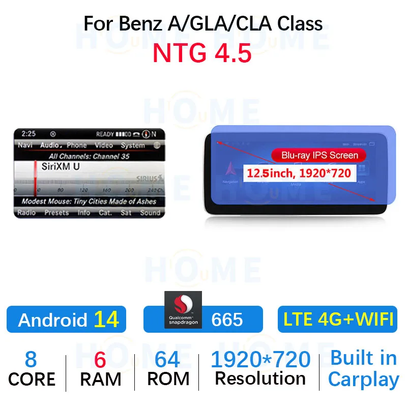 Android14 Snapdragon 665 8-ядерный 128G автомобильный DVD-радио мультимедийный плеер для Mercedes Benz GLA/CLA/A Class GPS-навигационный экран