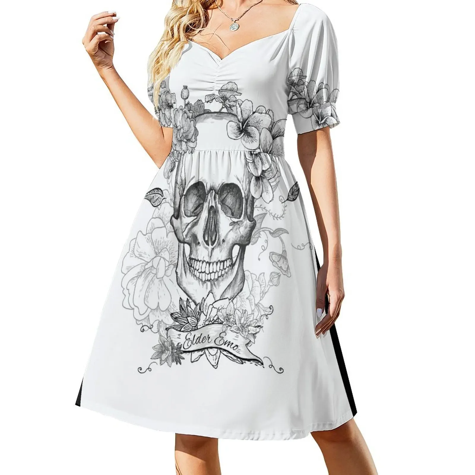 

Elder Emo Skull and Flowers Short-Sleeved Dress party dresses women luxury dress