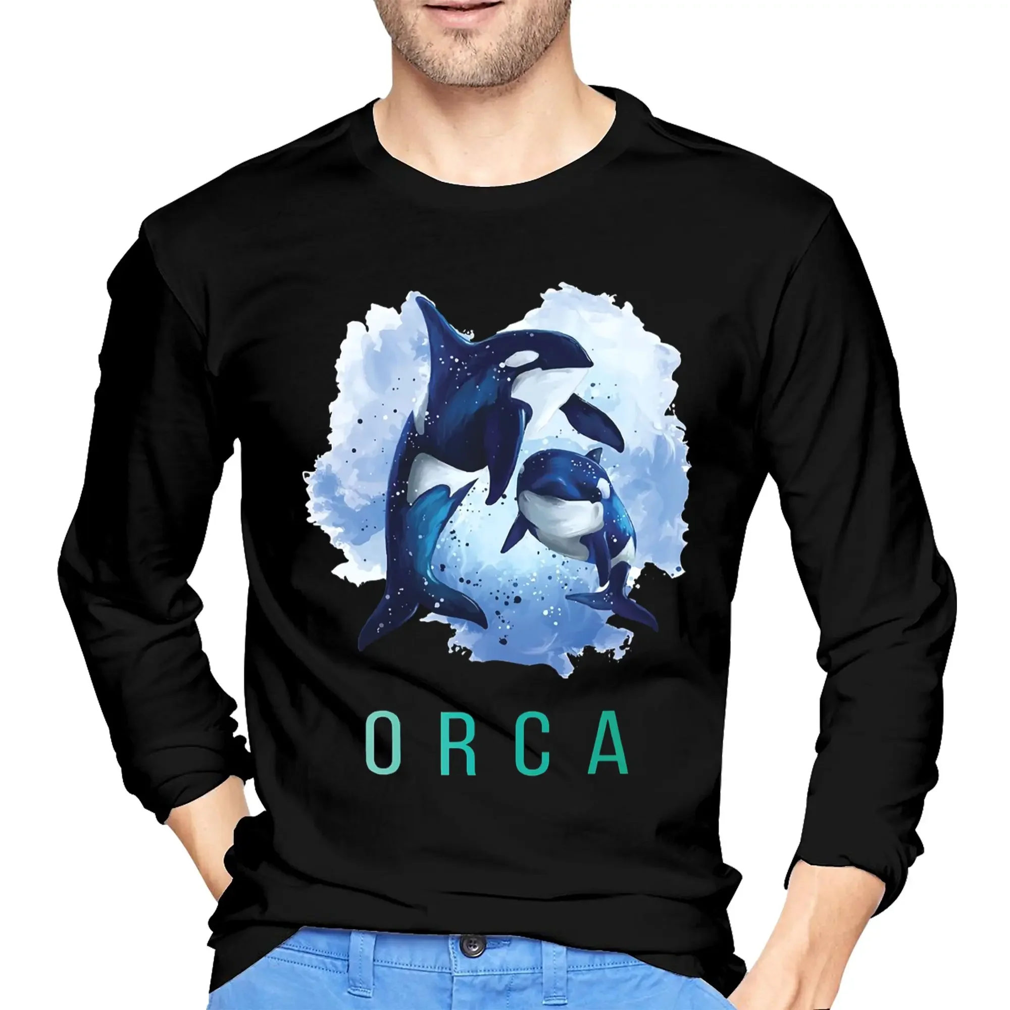 

Orca Aquatic Sea Ocean top tees Killer Whale Men's Long Sleeved T-shirt Fashion Round Neck T shirts Spring and Autumn Men tops