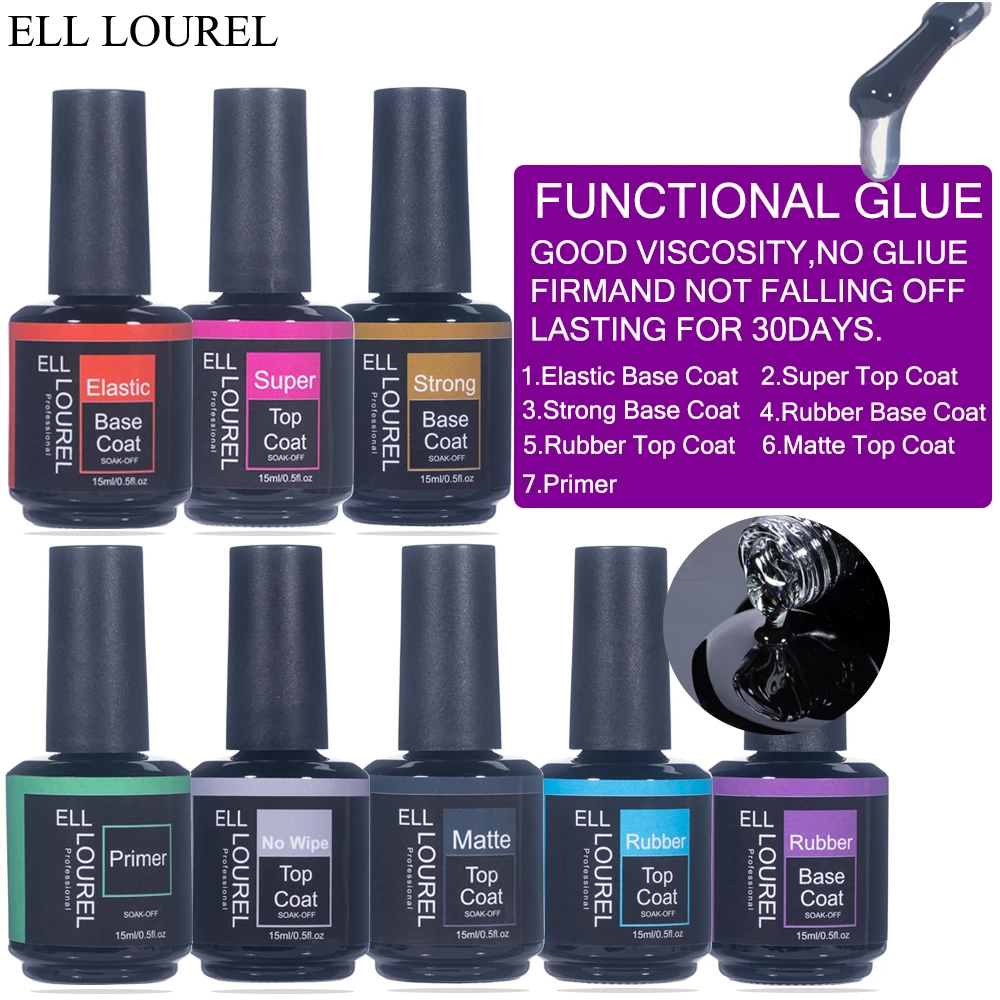 ELL LOUREL 30 Types Base Coat Top Coat No Wipe UV Gel 15ML Semi Permanent Glitter Tempered Top Multi-Function Gel Nail Polish