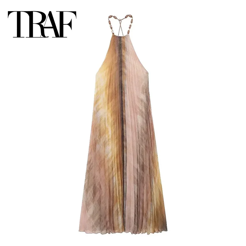 TRAF Tie Dye abiti lunghi pieghettati per le donne Off spalla Halter Backless Dress donna 2024 Summer Boho Beach Holiday Dresses