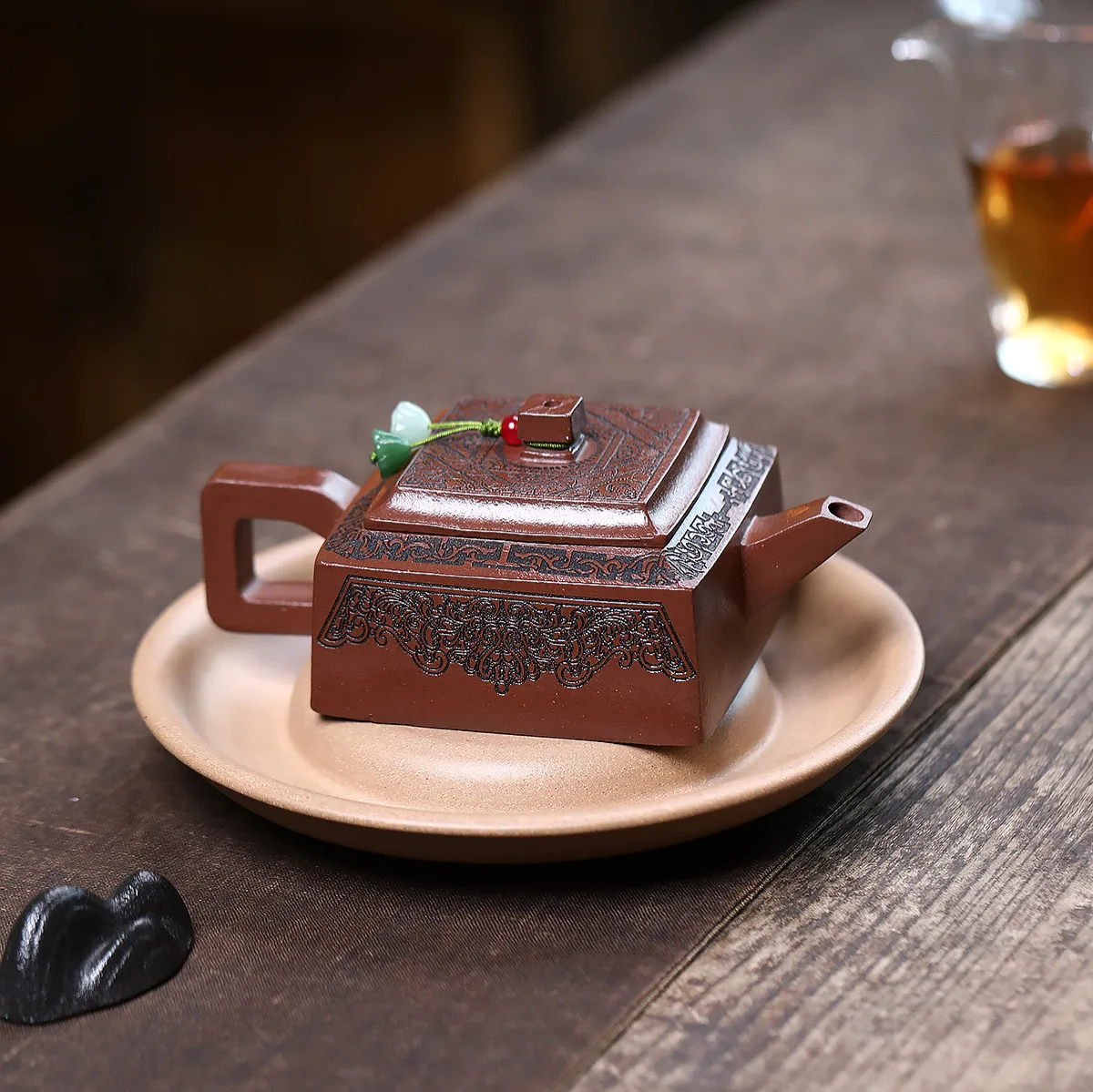 

Handmade Yixing Purple Clay Pot Old Artist Hand-Carved Ore Jiangpo Fangshan Yishi High-End Tea Brewing Square 190cc