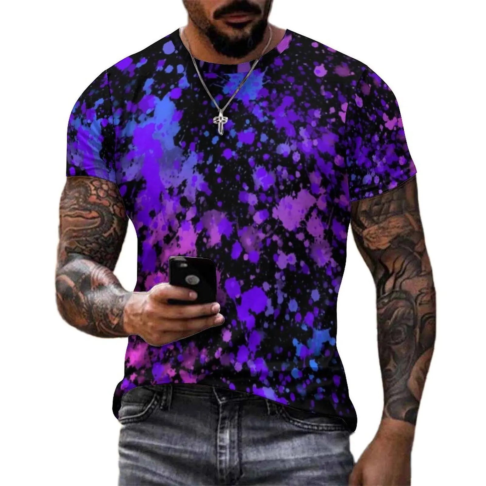 Neon Paint T Shirt Colorful Splatters Print Trending T-Shirts Men Aesthetic Tshirt Premium Short Sleeves Design Tops Plus Size