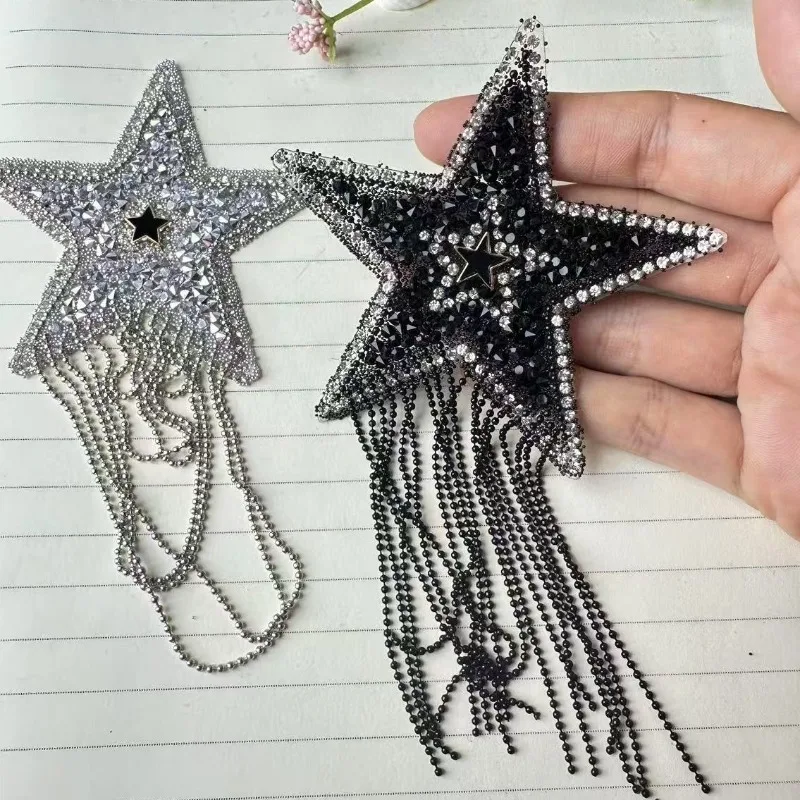 Fashion Resin Rhinestone Five-pointed Star Fringed Chain Heat-stampe for DIY Clothing Hat Cloth Patch Hole Repair Fabric Sticker