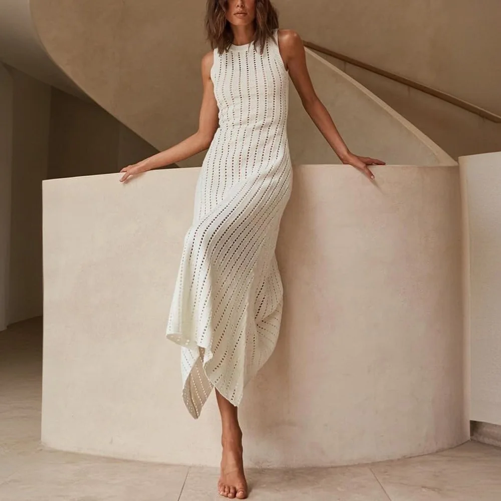 

2025 New Women's Solid Color Knitted Hollow Round Neck Sleeveless Beach Women's Dress