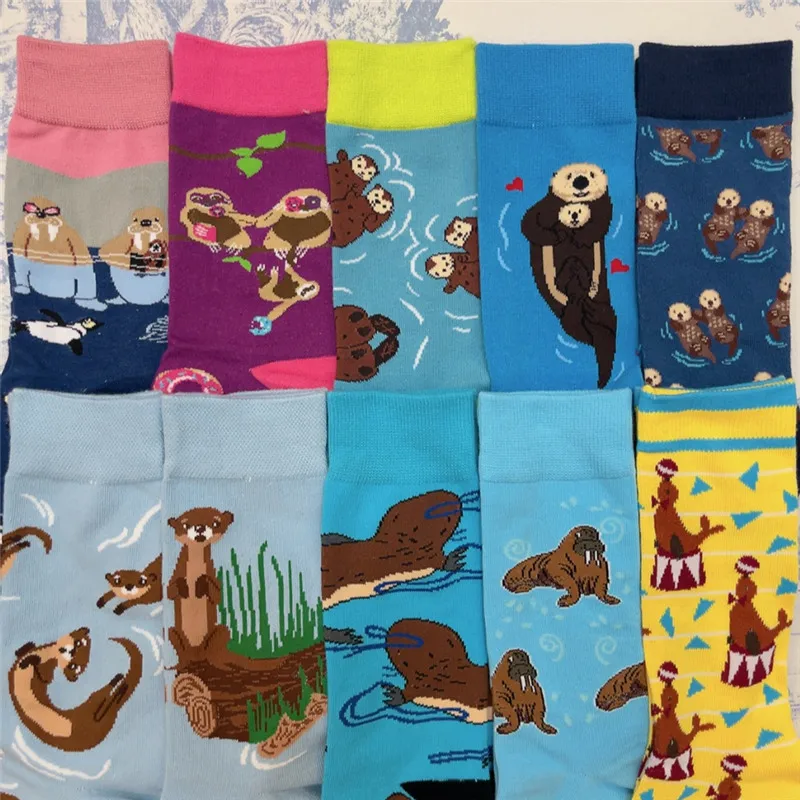 Adult Crew Unisex Cartoon Funny Otter Lover Socks Beaver Walrus Morse Sea Dog Lion Seal Beaver Ocean Park Souvenir Couple Items