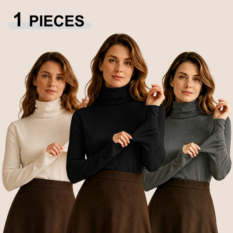 Women's Autumn and Winter Thermal Base Layer Tops Double-Sided Fleece Thickened Underwear Female Turtleneck Long-sleeved T-shirt