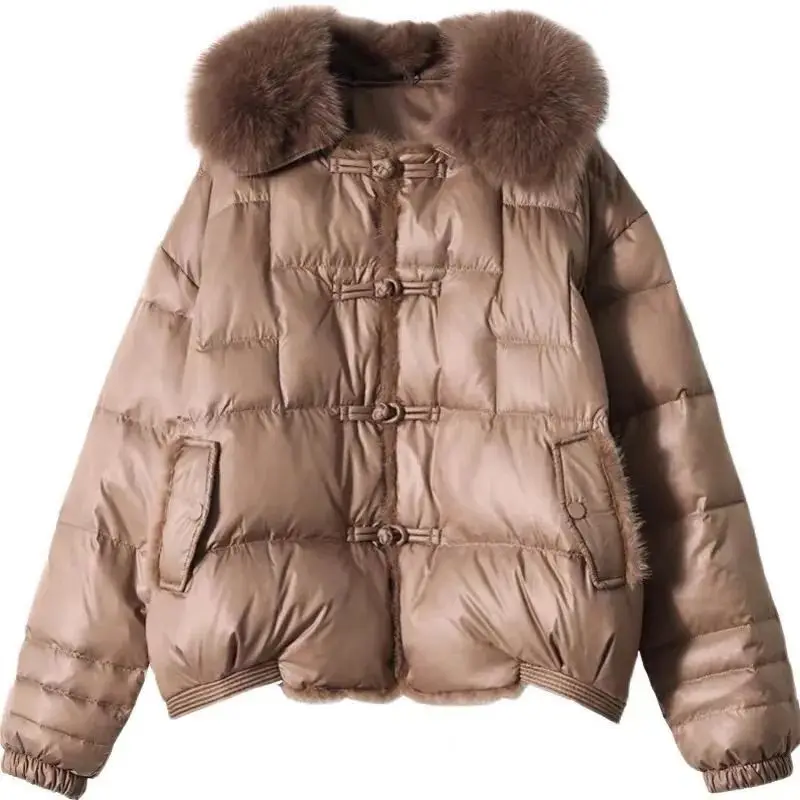 2023 New Winter Fox Fur Large Collar Down Coat Women\'s Short Fashion Thickened White Duck Down Coat Winter Jackets