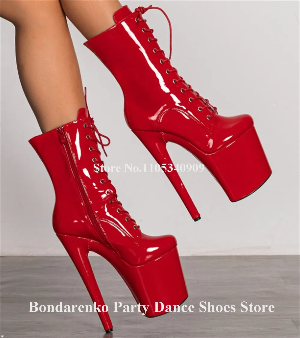 Bondarenko Red White Black Patent Leather Stiletto Heel Short Boots Round Toe Lace-up High Platform 20cm Thin Heel Dance Shoes